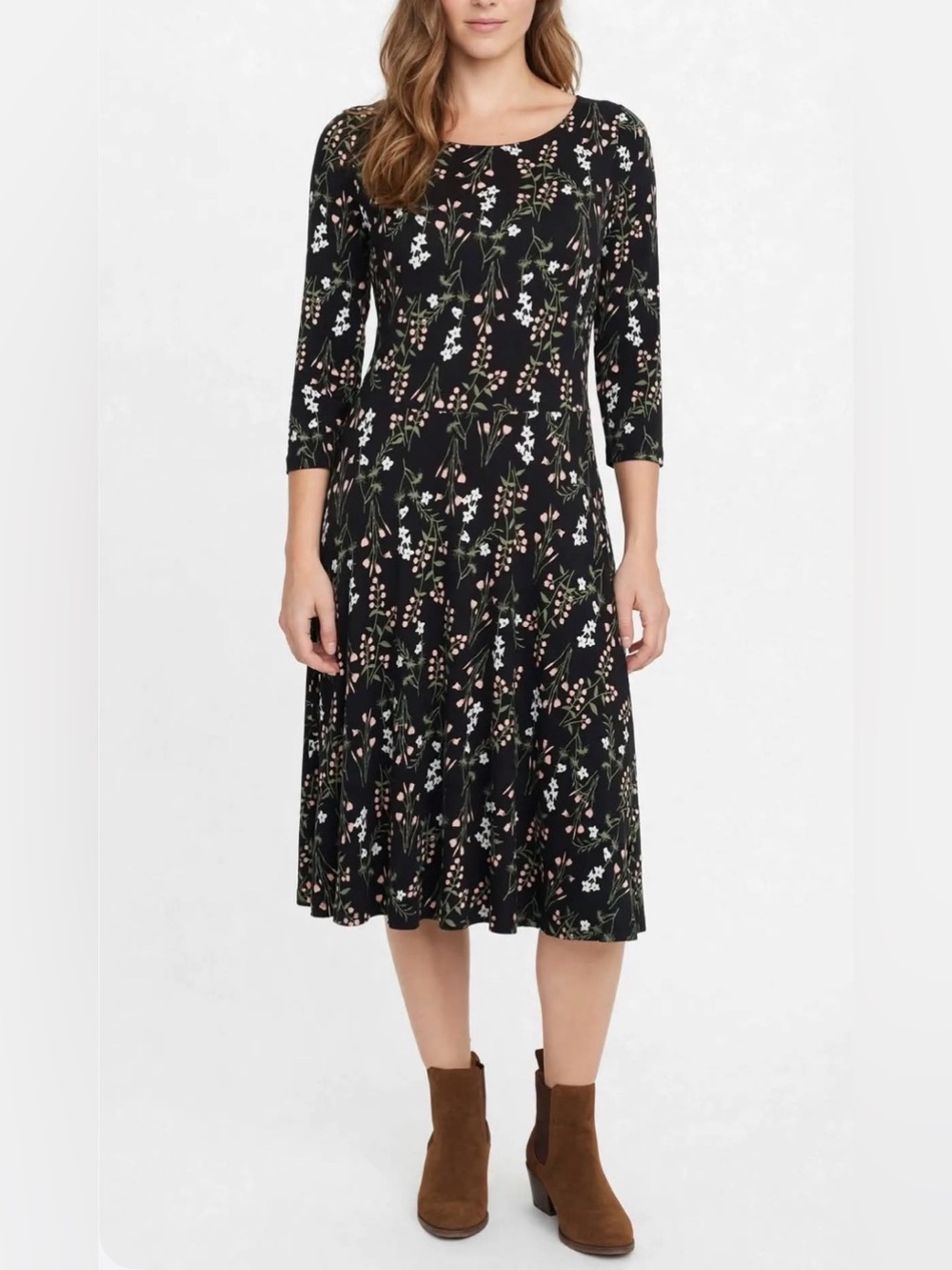 LOFT Outlet Medium Petite Black Botanical Floral Scoop Neck Jersey Knit Dress VG